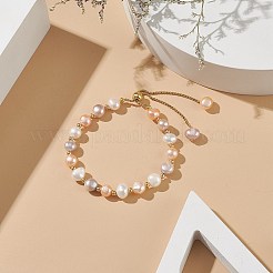 Dyed Natural Pearl & Brass Round Beaded Slider Bracelet&nbsp;BJEW-JB09008-02