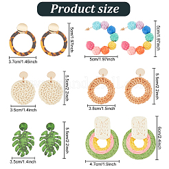 6 Pairs 6 Style Monstera Leaf & Circle Ring Acrylic Stud Earrings with Iron Pins&nbsp;EJEW-AN0001-17