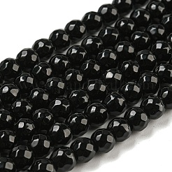 Faceted Round Natural Black Onyx Beads Strands&nbsp;G-S132-01