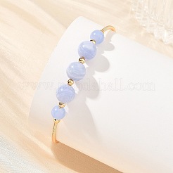 Natural Blue Lace Agate Round Graduated Beaded Brass Cuff Bangles&nbsp;BJEW-JB14463-02