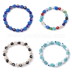 4Pcs 4 Colors Halloween Dyed Synthetic Turquoise Skull & Lampwork Evil Eye Round Beaded Stretch Bracelet Sets for Women Men&nbsp;BJEW-JB12268