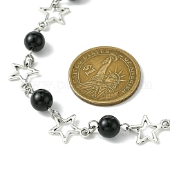 Star Alloy & Round Natural Eyeless Obsidian Link Chain Necklaces for Women&nbsp;NJEW-JN05135