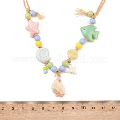 Ceramics Starfish Fish & Resin Shell Shape Pendant Adjustable Cotton Cord Necklaces for Women&nbsp;LS-NJEW-Z100-01B-G