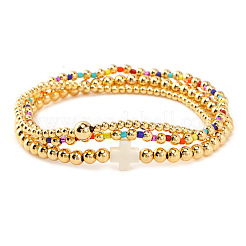 3Pcs 3 Styles Round Brass & Glass Seed Beads Stretch Bracelets&nbsp;WL3329-2