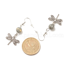 Round Natural Mashan Jade with Alloy Dragonfly Dangle Earrings&nbsp;EJEW-JE04855-02