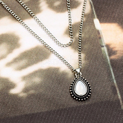 Teardrop Alloy Pave White Resin Pendant Double Layer Necklaces for Women&nbsp;FS-WG4C5DE-01