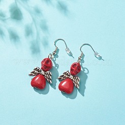 Synthetic Turquoise Skull with Wings Dangle Earrings&nbsp;EJEW-JE04944-01