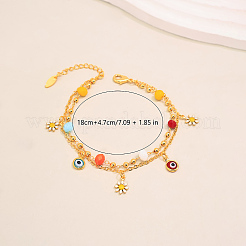 Summer Beach Brass Enamel Evile Eye Daisy Flower Tassel Double Layer Anklets for Women&nbsp;YM0620