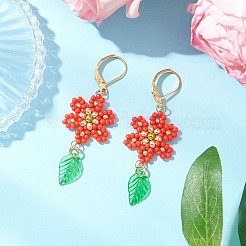 304 Stainless Steel Flower with Leaf Leverback Earrings&nbsp;EJEW-MZ00456