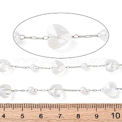 304 Stainless Steel & ABS Plastic Pearl Round Bead & Glass Heart Bead Cable Chains&nbsp;CHS-G048-11P