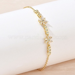 Brass Pave Clear Cubic Zirconia Flower Link Bracelets&nbsp;KK-CBA6980-24G