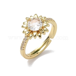 Flower Brass with Clear Cubic Zirconia Finger Rings for Women&nbsp;RJEW-Z111-01G
