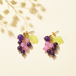 Natural Malaysia Jade Grape with Acrylic Leaf Dangle Stud Earrings&nbsp;EJEW-JE04912