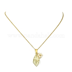 Alloy Leaf and Imitation Pearl Flower Pendant 304 Stainless Steel Cable Chain Necklaces for Women&nbsp;NJEW-JN06183