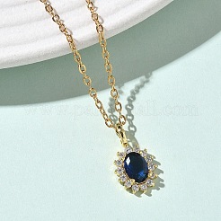Brass Pave Clear and Blue Cubic Zirconia Oval Pendant 304 Stainless Steel Chain Necklaces for Women&nbsp;NJEW-D341-09G