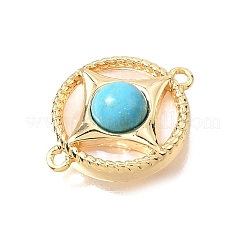 Synthetic Turquoise & Natural Shell Brass Flat Round Links Connector Charms&nbsp;KK-N289-16G-02