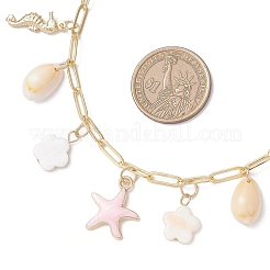 Alloy Enamel Starfish Sea Horse & Natural Shell Pendant Brass Paperclip Chain Necklaces for Women&nbsp;NJEW-JN05405-01