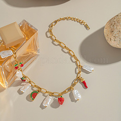 Ocean 304 Stainless Steel Enamel Red Strawberry Watermelon & Natural Freshwater Pearl Pendant Paperclip Chain Bib Necklaces for Women&nbsp;VT2303
