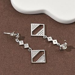 Rhombus Brass Micro Pave Clear Cubic Zirconia Dangle Stud Earrings&nbsp;EJEW-F383-10P
