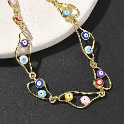 Brass Enamel Flat Round Evil Eye Link Chain Bracelets for Women&nbsp;BJEW-G764-01G