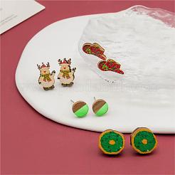 4 Pairs Snowman & Christmas Hat & Wreath Printed Wood Stud Earrings&nbsp;EJEW-OY001-06