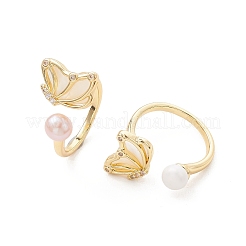 2Pcs Butterfly Brass Micro Pave Clear Cubic Zirconia & Shell Cuff Rings&nbsp;RJEW-JR01027