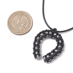 Cowboy Electroplate Transparent Glass Beaded Horseshoe Pendant Waxed Cotton Cord Necklaces&nbsp;NJEW-MZ00139