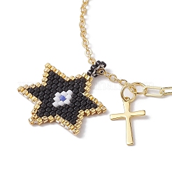 Glass Seed Star & Brass Cross Charm Bracelets&nbsp;BJEW-MZ00044