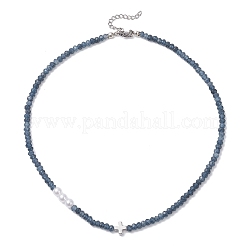 Dyed Natural Malaysia Jade Faceted Rondelle & Round Imitation Pearl & Brass Cross Beaded Necklaces&nbsp;NJEW-JN05835