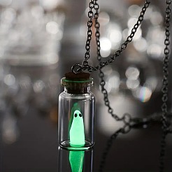 Halloween Luminous Ghost Glass Drift Bottle Pendant Necklaces & Dangle Earrings Sets&nbsp;FS-WG90D60-01