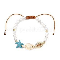 Dyed Synthetic Turquoise & Shell Pearl & Alloy Beads Braided Bead Bracelets for Women&nbsp;BJEW-JB13806