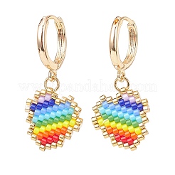 Rainbow Color Japanese Seed Braided Heart Dangle Hoop Earrings&nbsp;EJEW-MZ00004