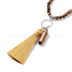 Natural Tibetan Agate Bullet & Tassel Pendant Necklace with Mixed Gemstone Beaded Chains&nbsp;NJEW-E585-02B