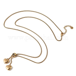 Adjustable 304 Stainless Steel Double Heart Pendant Box Chain Lariat Necklaces for Women&nbsp;NJEW-D327-01G