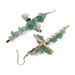 Natural Aventurine Cross Dangle Earrings&nbsp;EJEW-Z071-01G-02