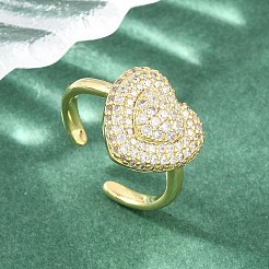 Heart Brass Micro Pave Cubic Zirconia Cuff Open Rings for Women&nbsp;CU-CBA0A21-01G-02