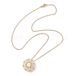 Natural Mashan Jade & Glass Seed Beaded Flat Round Pendant 304 Stainless Steel Cable Chain Necklaces&nbsp;NJEW-MZ00129-02