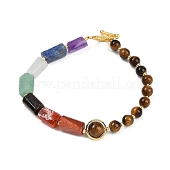 Natural Tiger Eye & Natural Mixed Stone & Brass Round & Prism Beaded Bracelets for Women&nbsp;BJEW-G752-01G-03