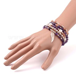 5Pcs 5 Style Natural Amethyst & Sunstone & Cultured Freshwater Pearl & Synthetic Hematite Round Beaded Stretch Bracelets Set&nbsp;BJEW-JB09084