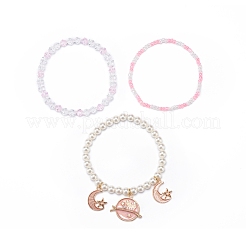 3Pcs 3 Style Shell Pearl & Glass Seed Beaded Stretch Bracelets Set&nbsp;BJEW-JB08705-02