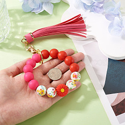 Silicone Round Beads & Imitation Leather Tassel Keychains&nbsp;HJEW-TAC0135