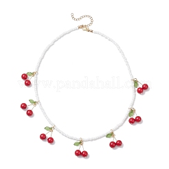 Natural Dyed Mashan Jade Red Cherry Pendant Glass Seed Beaded Necklaces for Women&nbsp;NJEW-TA00211-01