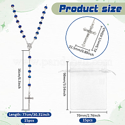 15Pcs Jesus Cross Zinc Alloy Pendant Blue Glass Rondelle Rosary Bead Necklaces for Women Men&nbsp;NJEW-WA0001-02