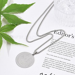 201 Stainless Steel Flat Round with Arabic Pendant Box Chain Necklaces for Women Men&nbsp;NJEW-R013-03P