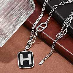 304 Stainless Steel Black Enamel H Rectangle Pendant Twisted Chain Necklaces for Women&nbsp;NJEW-M078-01P