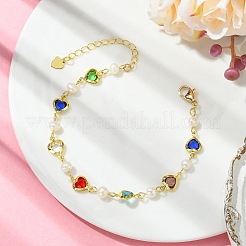 Brass Glass Colorful Heart Link Chain Bracelets with Natural Pearl Beads for Women&nbsp;BJEW-JB14163