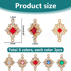 10Pcs 5 Colors Brass Pave Clear Cubic Zirconia & Glass Hollow Rhombus Connector Charms&nbsp;KK-HS0015-56