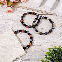3Pcs 3 Styles 8MM Round Natural Tiger Eye & Black Onyx & Black Obsidian & Synthetic Non-Magnetic Hematite Beads Stretch Bracelets for Women Men&nbsp;BJEW-TA0001-20