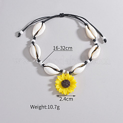 Bohemian Resin Yellow Sunflower Charm Natural Cowrie Shell Beaded Waxed Cord Braided Anklets for Women&nbsp;FS-WG1838E-02