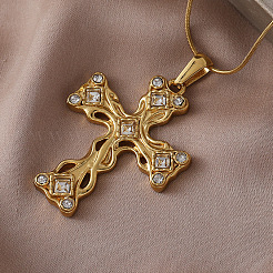 304 Stainless Steel with Clear Glass Hollow Cross Pendant Necklaces&nbsp;ST7241